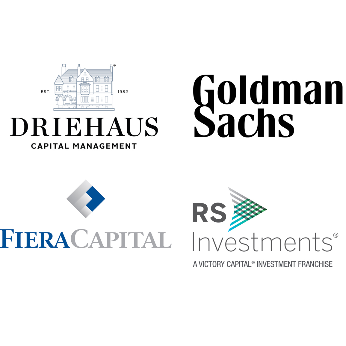 Logo images of Fiera Capital, Dreihaus, Goldman Sachs, RS Investments