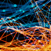 A complex network of glowing blue and orange data points, symbolizing the process of finding connections and generating insights from complex information.