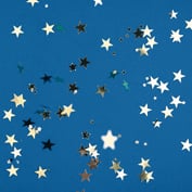 A celebratory image of gold star-shaped confetti on a solid blue background.