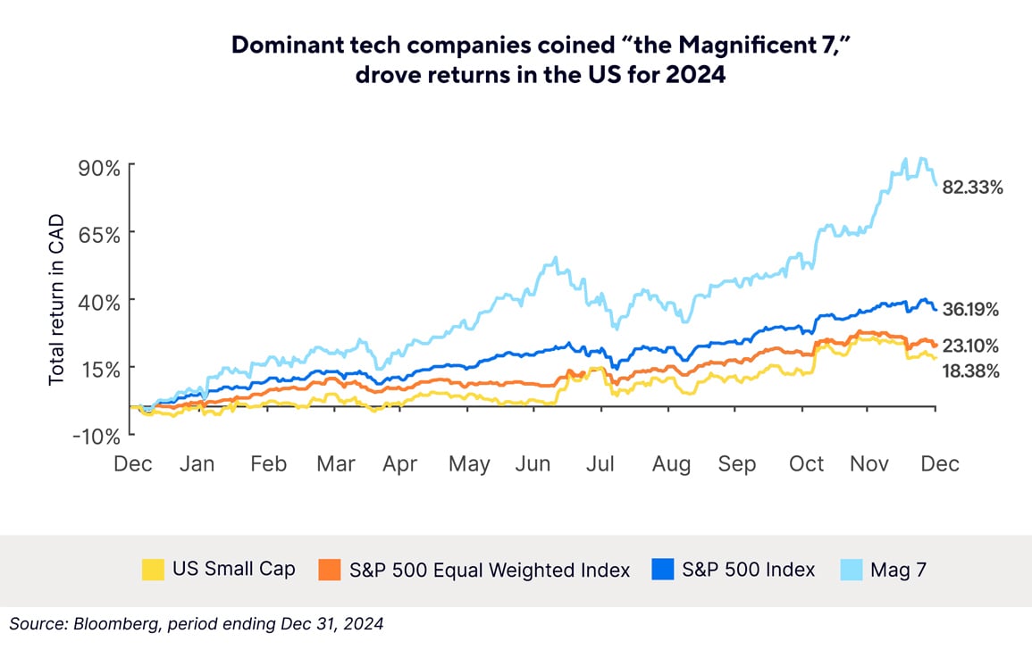 Chart showing the Magnificent 7 tech companies returns in the US for 2024