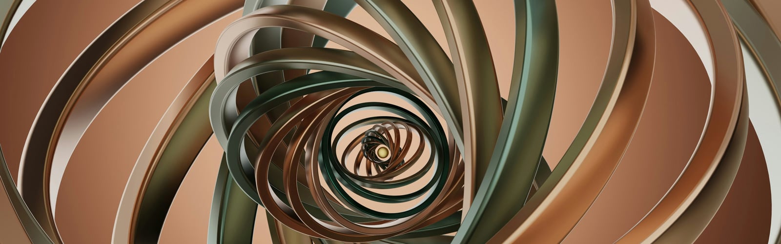 Abstract image of metallic, bronze, and muted green bands spiraling outwards, creating a sense of depth and expansion.
