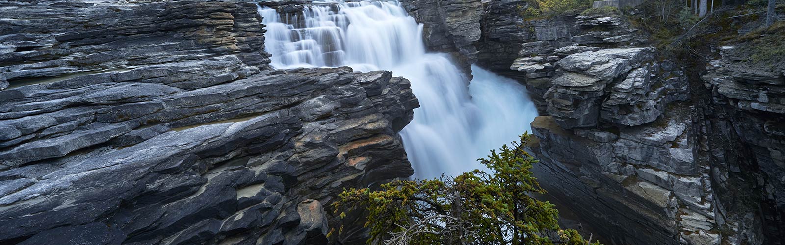 Water running over the rocks at Athabasca Falls  in Jasper National Park